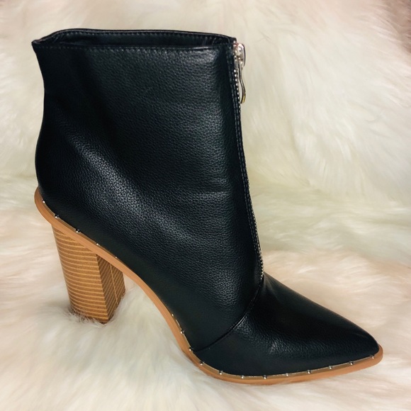 Black Zip Front Stack Heeled Boots - Picture 7 of 8